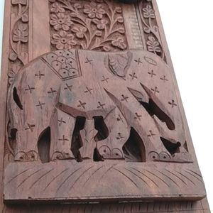 70s hand carved wood elephant expandable bookends